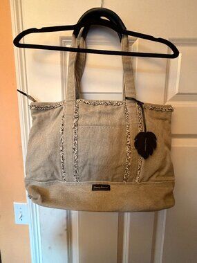 Tommy Bahama Zipper Tote Bag 100% Cotton with Leather Accents